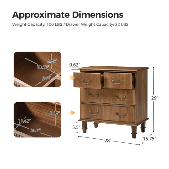 Kaybri 28"W Solid Paulownia Wood 4-Drawer End Table with Charging Station and Simple Assembly