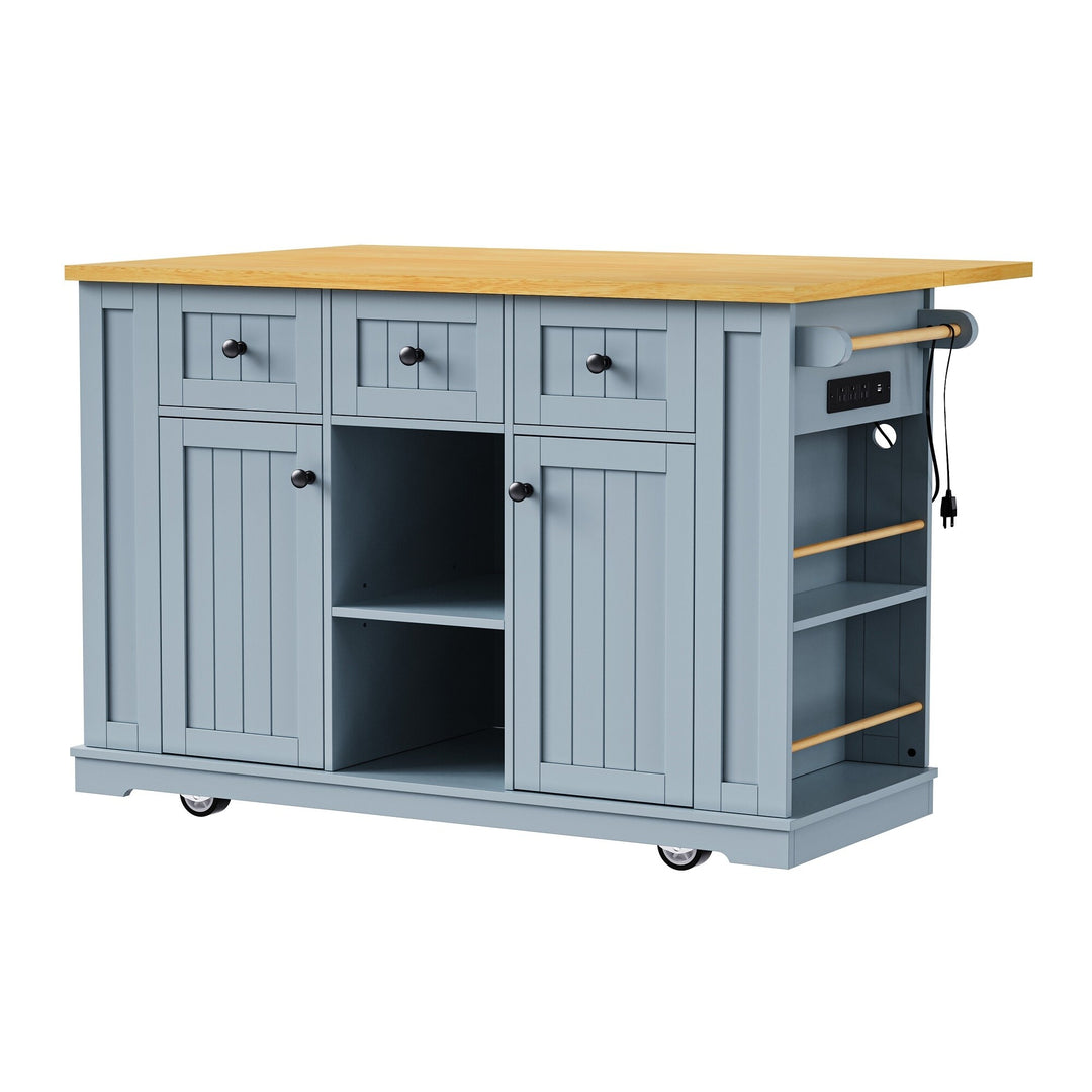 Large Kitchen Island with Drop Leaf,Power Outlet,Door Internal Storage Rack,3 Drawers(Not Include Bar Stools)