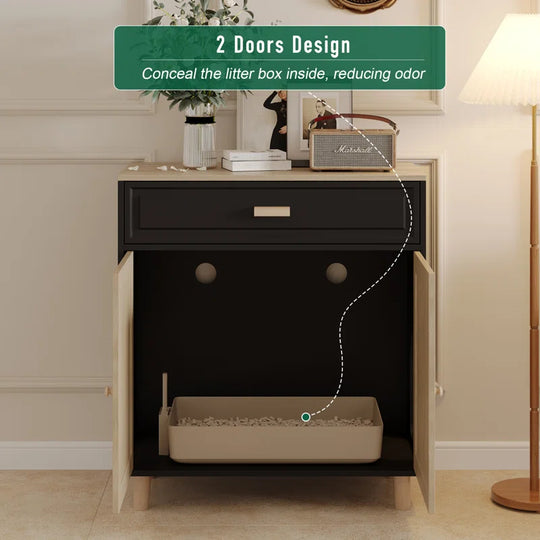 Cat Litter Box Enclosure Wood Cat Crate Furniture with Scratching Pad Doors