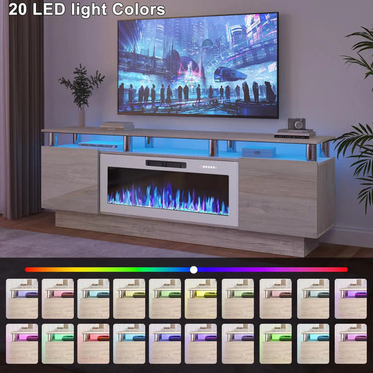 70" Modern Electric Fireplace TV Stand, with Electronic Flame and LED Lights, High Gloss Finish Entertainment Center