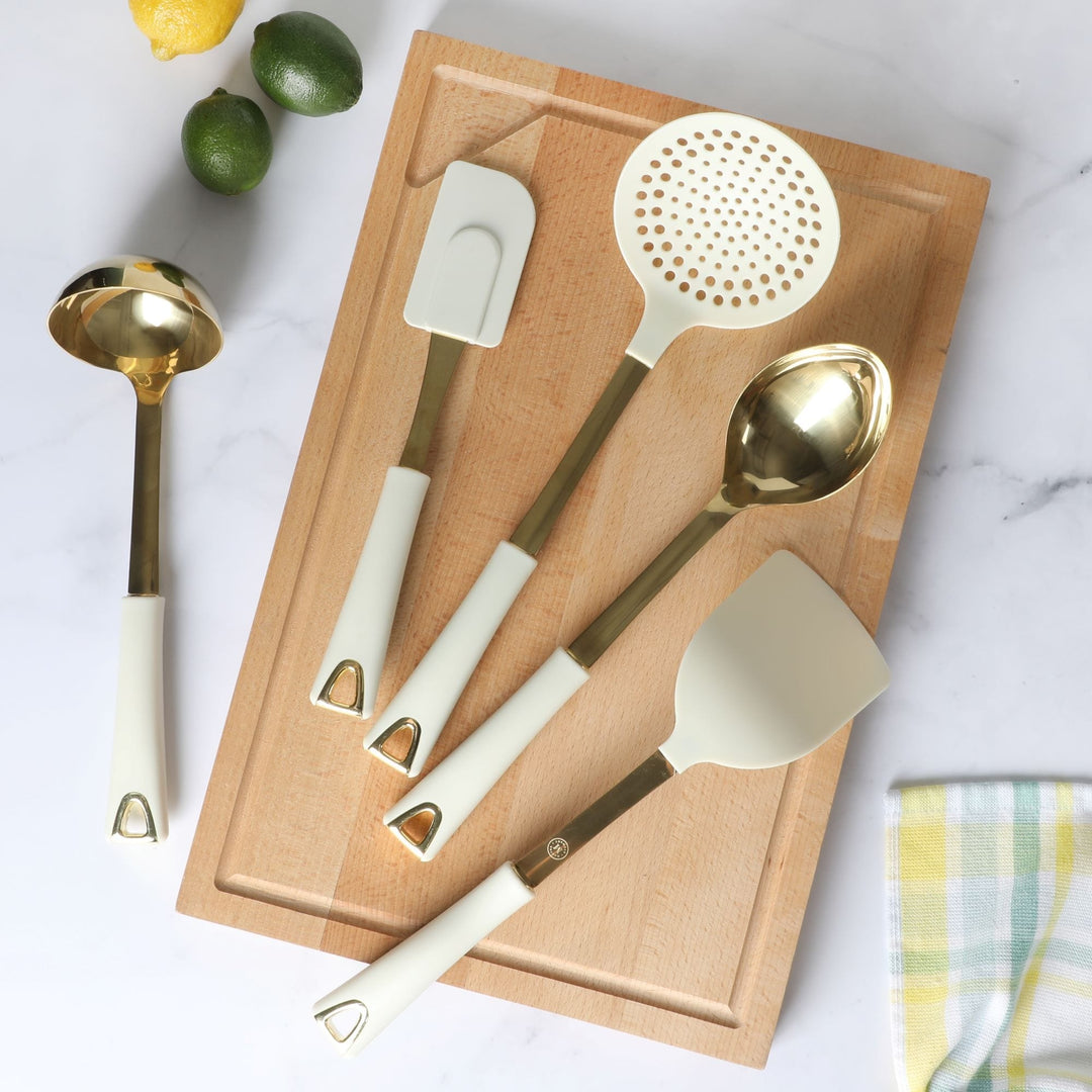 Lockton 5 Linen W/ Gold Stainless Steel & Nylon Kitchen Tool Set