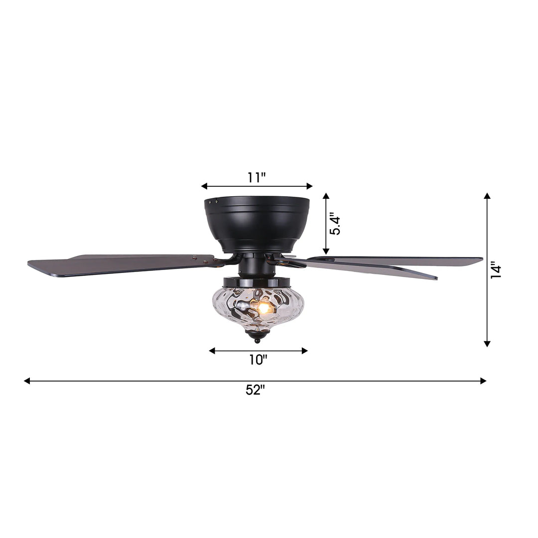 52" Modern Matte Black Reversible Flush Mount Ceiling Fan with Light and Remote - 52 In. D X 52 In. W X 14 In. H