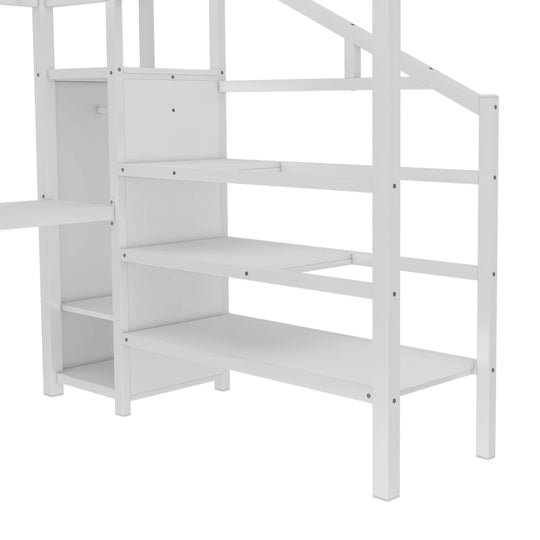 Queen Size Esports Gaming & Work Loft Bed with L-Shaped Desk, USB, LED, Wardrobe and Adjustable Shelf, Versatile Metal Bed Frame