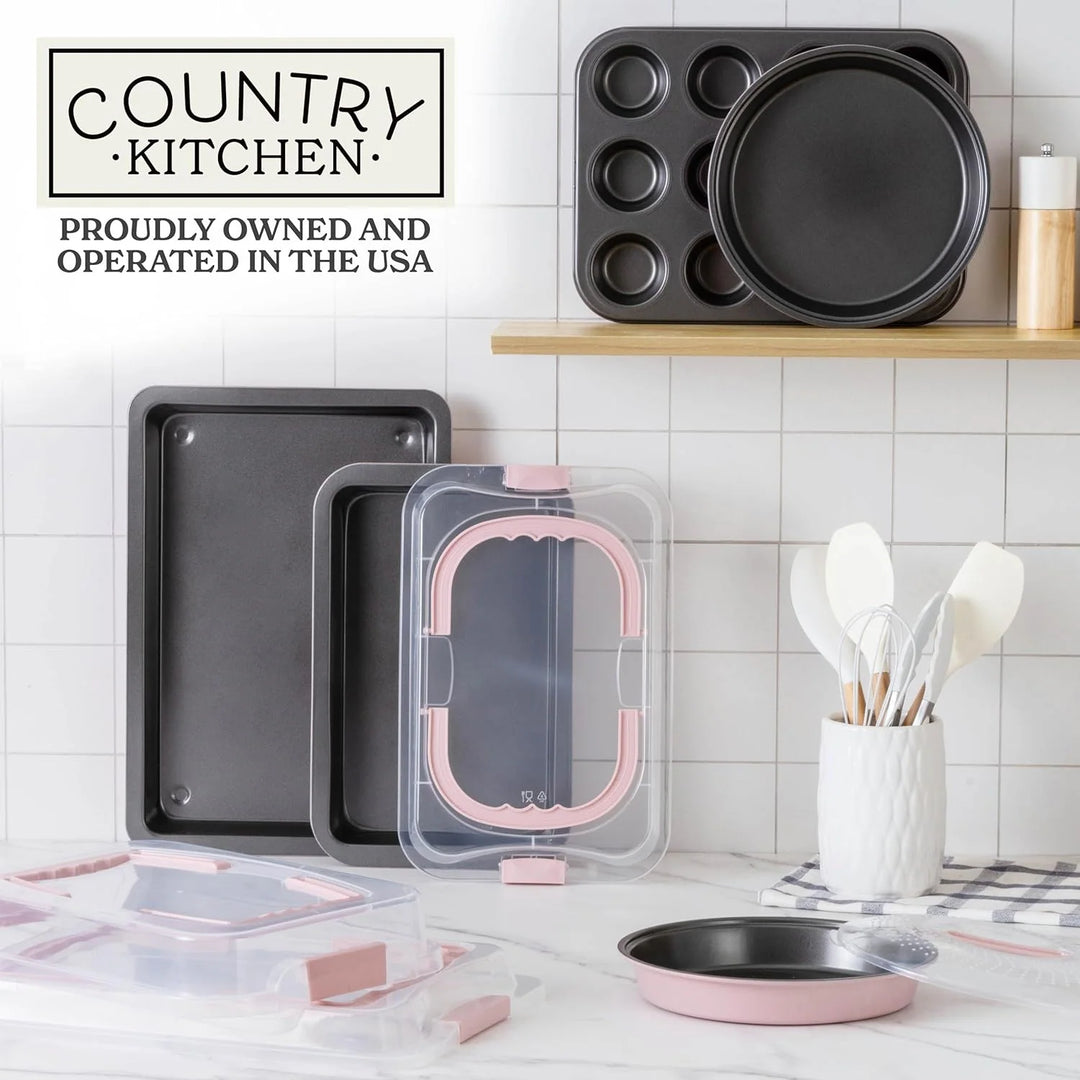 Baking Pans Set 10 Piece Non-Stick Cake Pans with Carry Lids for Storage & Travel, Perfect for Parties Stackable