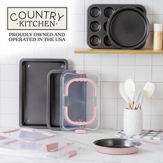 Baking Pans Set 10 Piece Non-Stick Cake Pans with Carry Lids for Storage & Travel, Perfect for Parties Stackable