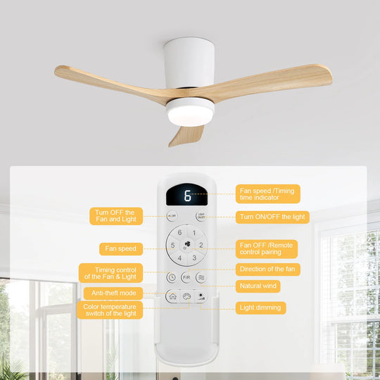 Sofucor 42"/48"/ 52"/60"Noiseless Walnut Wood Ceiling Fan with Remote Control, Integrated Light Optional