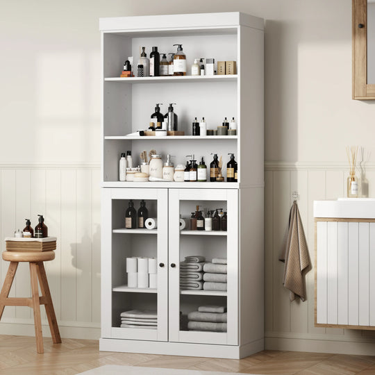 100% Solid Wood Bathroom & Laundry Storage Cabinet, Raised Panel Doors, Adjustable Shelves, 32" Wide, 71.5" Tall