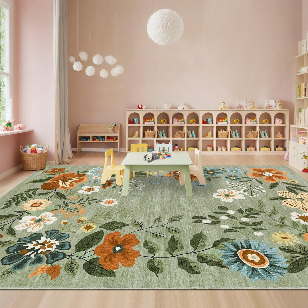 Floral Rugs Modern Indoor Soft Ultra-Thin Carpet Low Pile Flower Print Non Slip Throw Rug for Nursery Bedroom