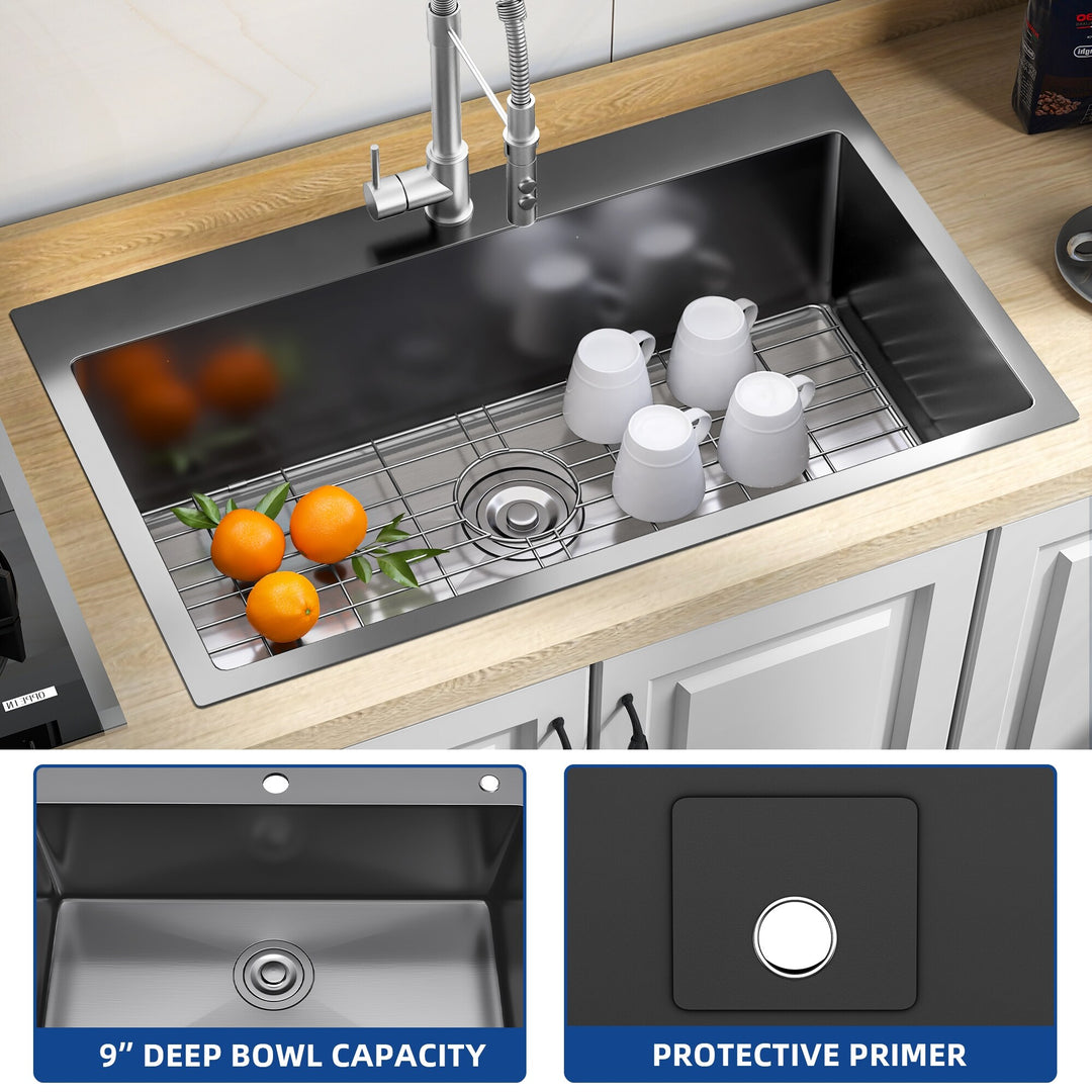 33 Inch Drop in Kitchen Sink Top Mount Stainless Steel Black Sink W/Sink Protector Single Bowl Drop-In Sink for Workstation