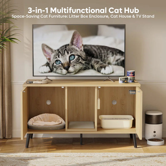 47.24" Cat Litter Box Enclousure Furniture for 2 Cats ,Indoor Cat House Hidden with Cat Scratch Pad ,TV Stand Side Table,Cat Washroom.
