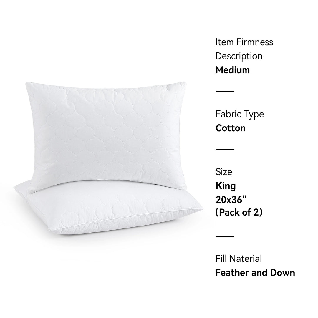 2 Pack Goose Feather down Pillows with Quilted Cotton Cover - White