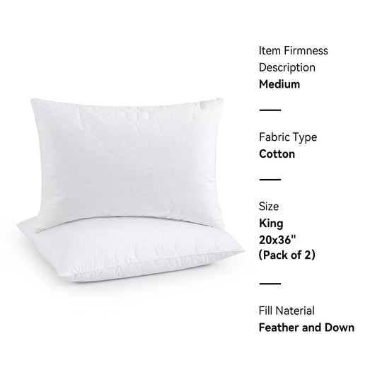 2 Pack Goose Feather down Pillows with Quilted Cotton Cover - White