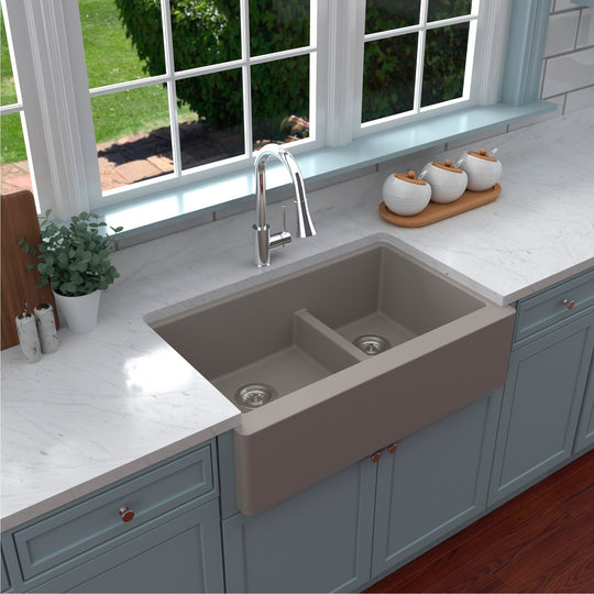Farmhouse/Apron-Front Quartz Double Bowl Kitchen Sink