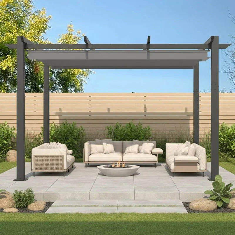 10' X 13' Outdoor Pergola with Retractable Canopy, Heavy-Duty Metal Frame and Adjustable Patio Shade Roof
