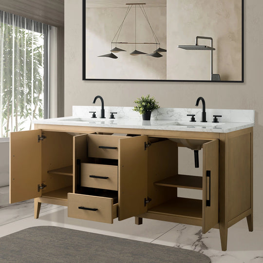 72" Double Sink Bathroom Vanity Cabinet with Engineered Marble Top