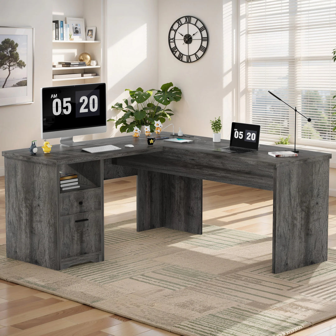 Modern Farmhouse Lift Top L-Shaped Desk with Charge Station, Corner Desk with File Drawers for Home Office