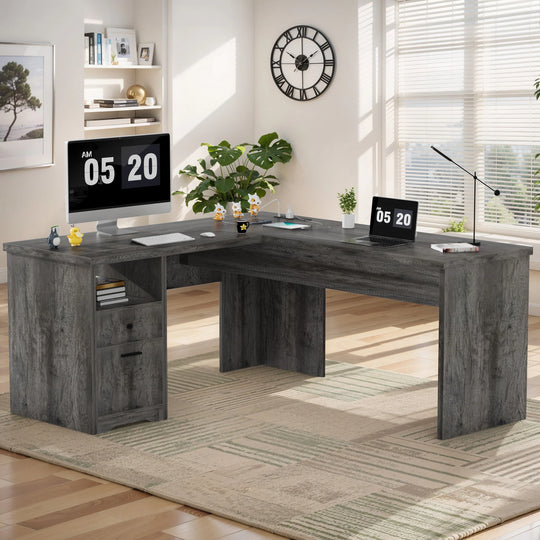 Modern Farmhouse Lift Top L-Shaped Desk with Charge Station, Corner Desk with File Drawers for Home Office