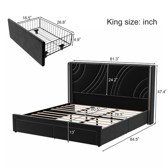 Velvet Upholstered Platform Bed with Smart Ambient Strip Lights Wingback Headboard and Endbed Pull-Out Storage Drawers