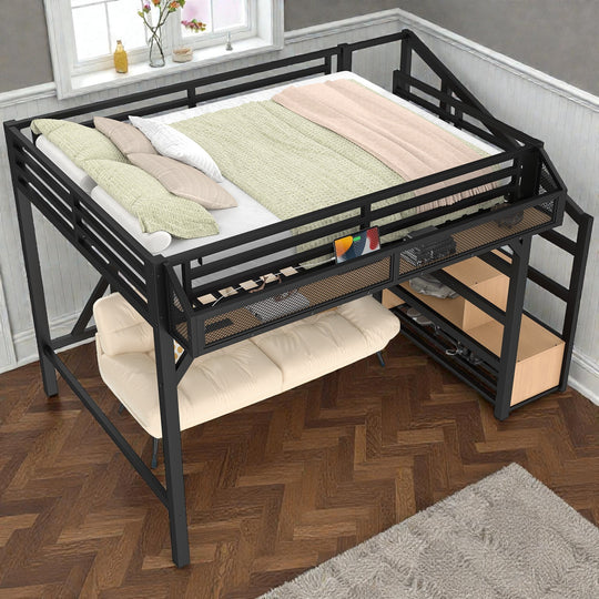 Metal Loft Bed with Storage Stairs, Built-In Wardrobe, Shelves, USB Ports, LED Lights & Noise-Reduced Frame