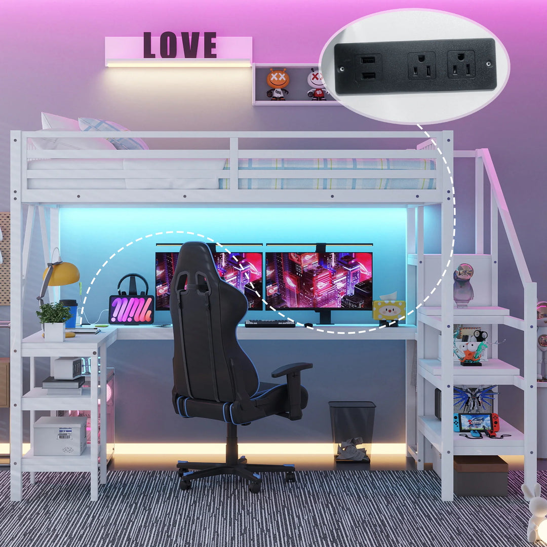 Metal Full Loft Bed with Wardrobe and LED Light, Full Size Loft Bed with L Shaped Desk and USB for Kids Teens Adults