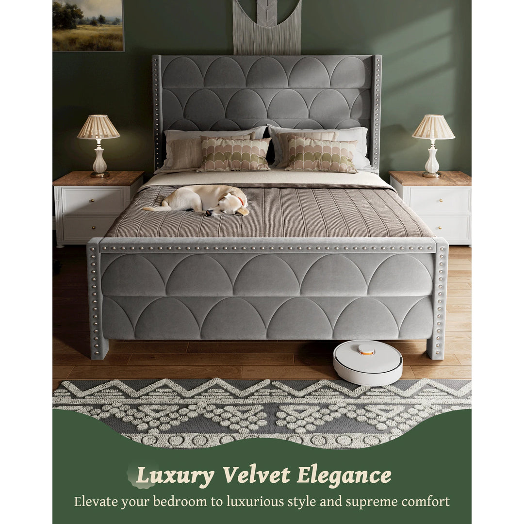 Hansabenne Solid Wood Bed Frame Queen and King Platform Bed Frame with Headboard White and Gray