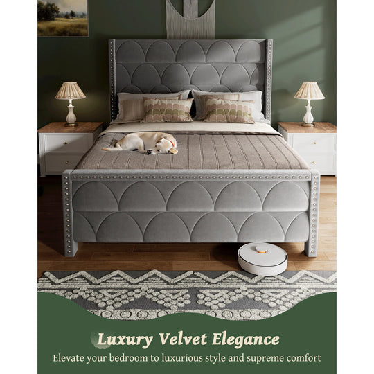 Hansabenne Solid Wood Bed Frame Queen and King Platform Bed Frame with Headboard White and Gray