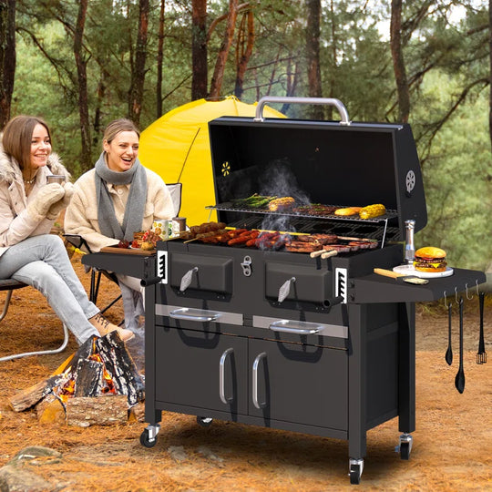 37.8" Dual Zone Charcoal Bbq Grill with Adjustable Charcoal Trays and 2 Foldable Side Table