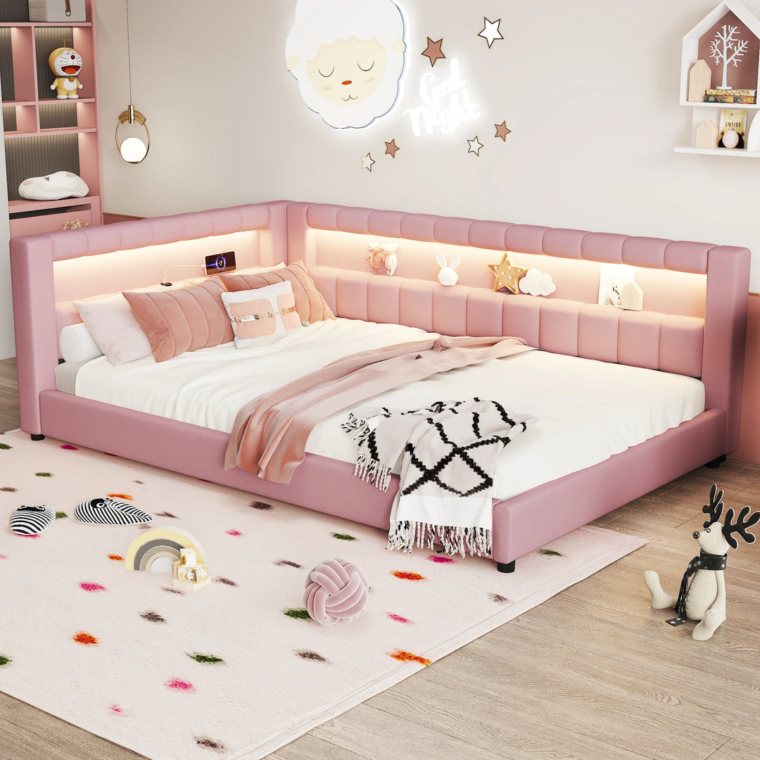 Upholstered Low-Profile Daybed Platform Bed Built-In USB Ports and LED Light Belt, Grounded Design with Padded Backrest