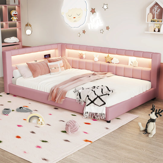 Upholstered Low-Profile Daybed Platform Bed Built-In USB Ports and LED Light Belt, Grounded Design with Padded Backrest