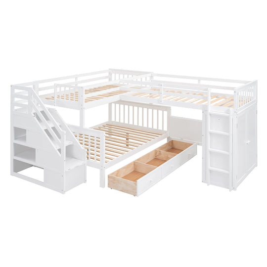 L-Shaped Bunk Bed with Three Drawers, Portable Desk and Wardrobe, Twin-Twin over Full Design