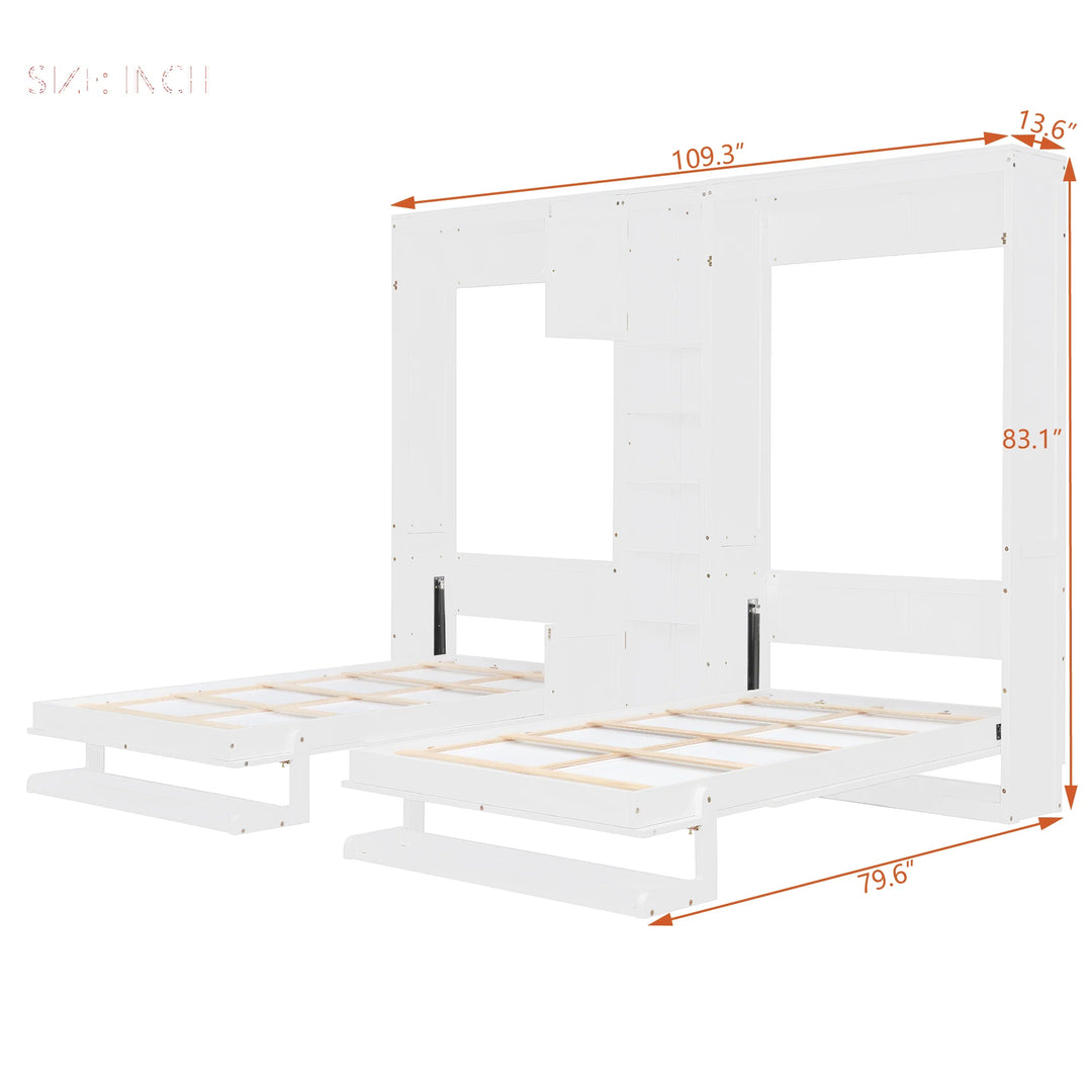 Dual Twin Size Wall Murphy Beds with Cabinets and Shelves, Space-Saving Design