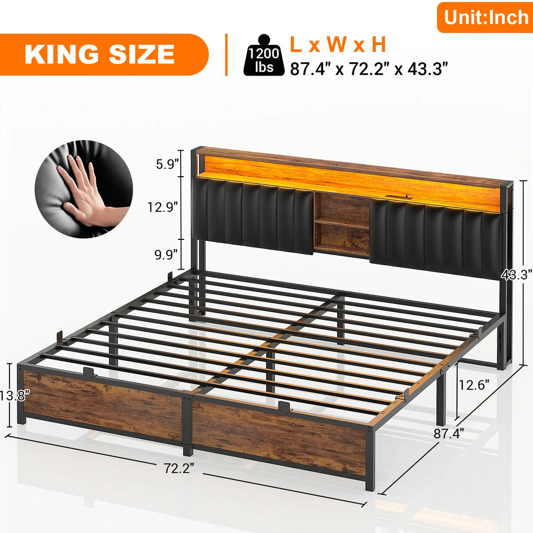 Upholstered Bed Frame with Storage Shelving, Platform Beds with Charge Station and LED Lights
