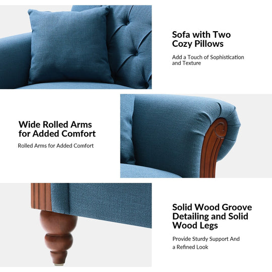 Mario Traditional 83"Wide Tufted Sofa with Solid Wood Legs and Pillows by