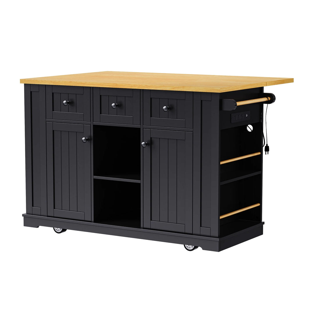 Large Kitchen Island with Drop Leaf,Power Outlet,Door Internal Storage Rack,3 Drawers(Not Include Bar Stools)