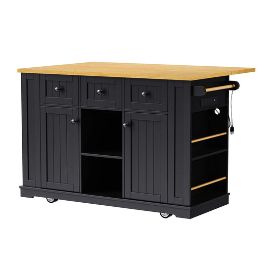 Large Kitchen Island with Drop Leaf,Power Outlet,Door Internal Storage Rack,3 Drawers(Not Include Bar Stools)