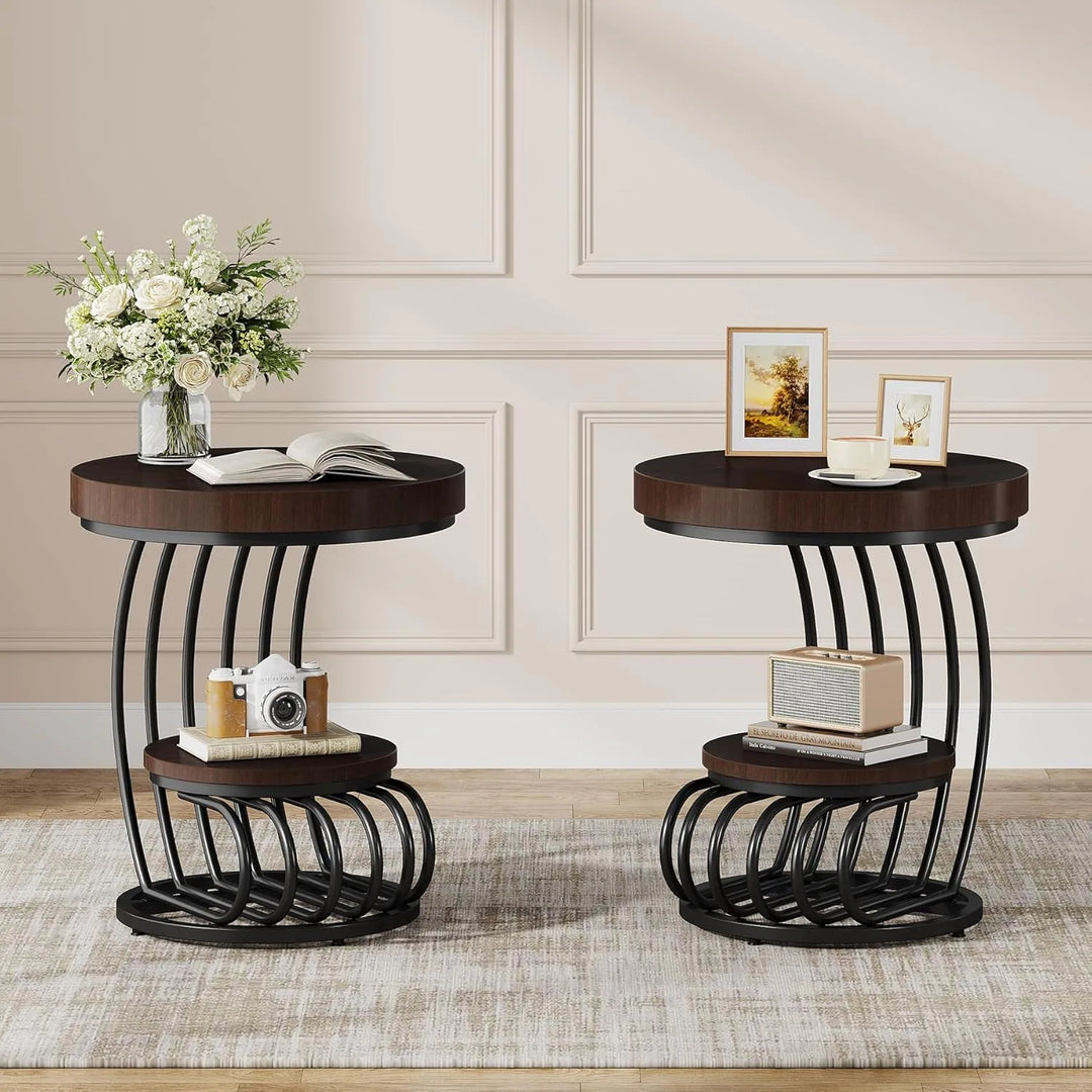 2 Tiers round End Table with Shelf Storage, Arc-Shaped Side Sofa Table