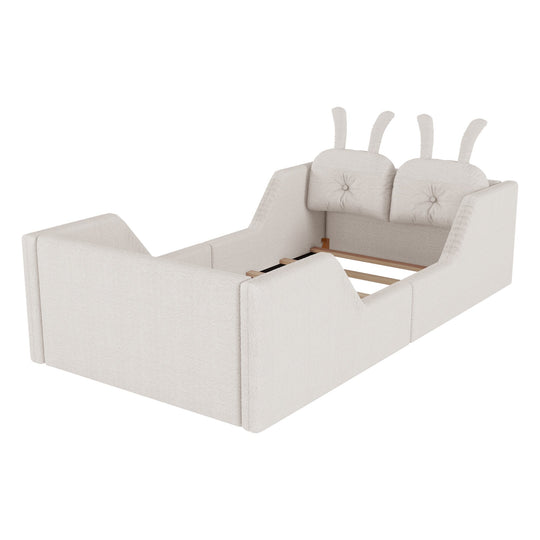 Twin Size Upholstered Platform Bed with Rabbit Cushion, Floor Upholstered Bed with Removable Side Rails