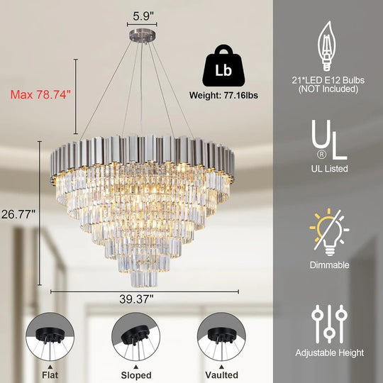 Large Crystal Chandelier - 35.4"Modern 6-Tier 17-Light Chrome Ceiling Light, Luxury K9 Crystal