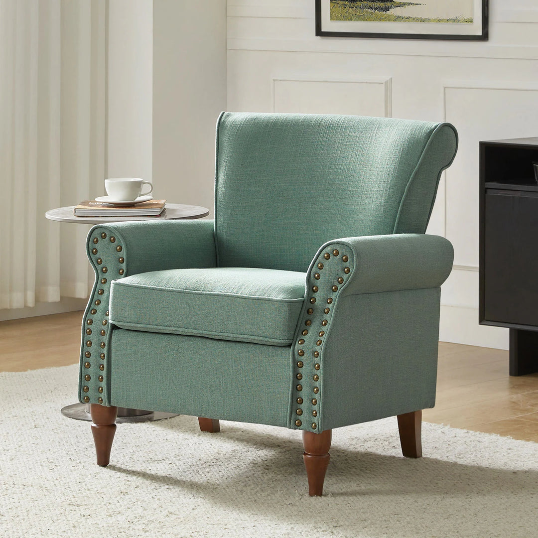 Nyctelius Upholstered Comfy Accent Chair with Turned Wooden Legs and Nailhead Trim Set of 2 by