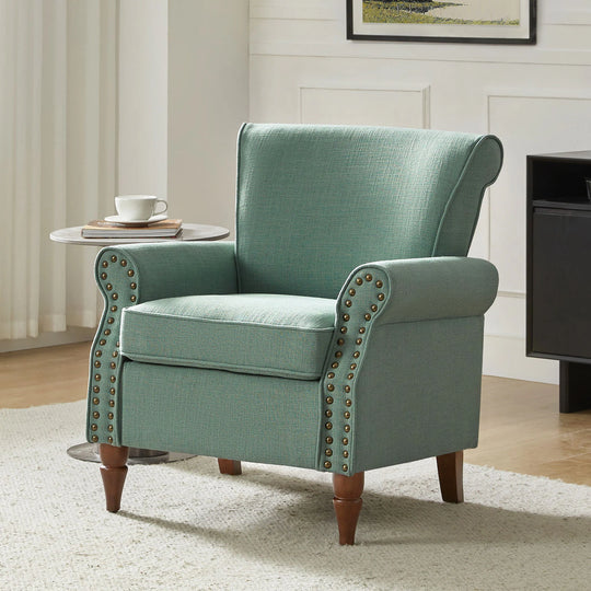 Nyctelius Upholstered Comfy Accent Chair with Turned Wooden Legs and Nailhead Trim Set of 2 by