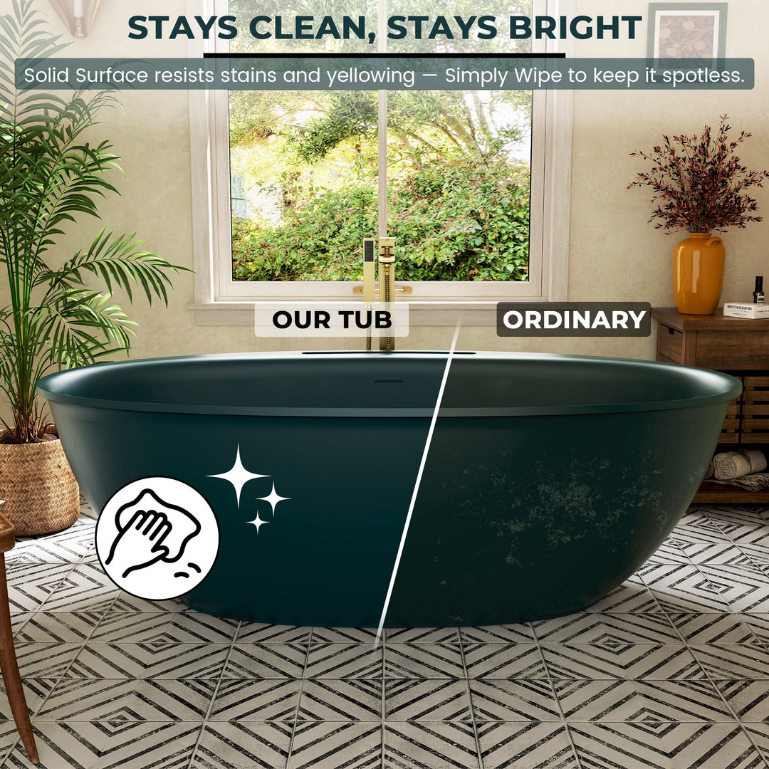 Luxury Flatbottom Solid Surface Freestanding Soaking Bathtub with Discreet Towel Slot and Drain Assembly