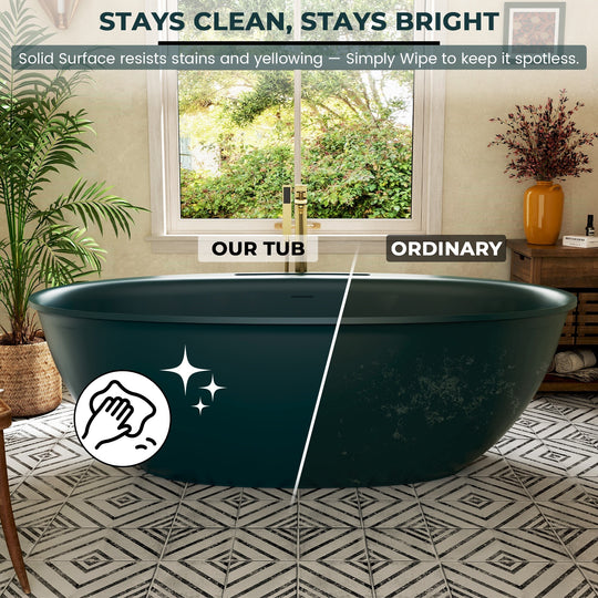 Luxury Flatbottom Solid Surface Freestanding Soaking Bathtub with Discreet Towel Slot and Drain Assembly