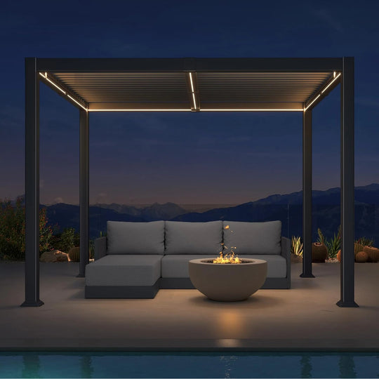 Solar Louvered Pergola with LED String Lights Aluminum Outdoor Pergola with Adjustable Roof for Patio Garden