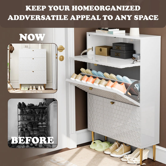 Wood 24 Pairs Shoe Storage Cabinet with 3 Flip Drawers