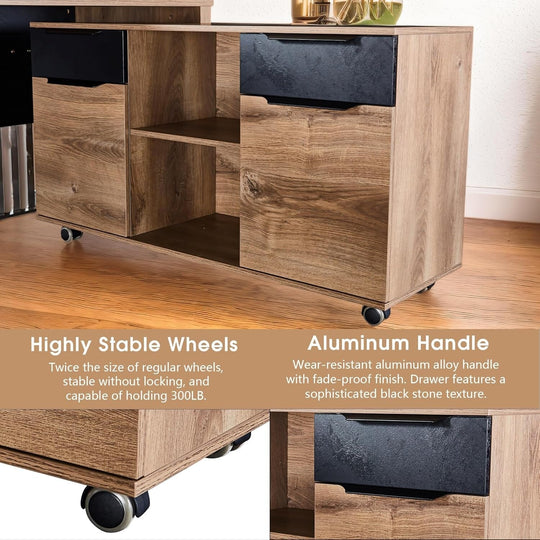 WESOME L-Shaped Executive Office Desk with 2 Drawers 4 Wheels File Cabinets Cable Management