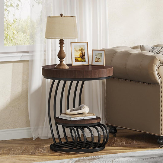 2 Tiers round End Table with Shelf Storage, Arc-Shaped Side Sofa Table