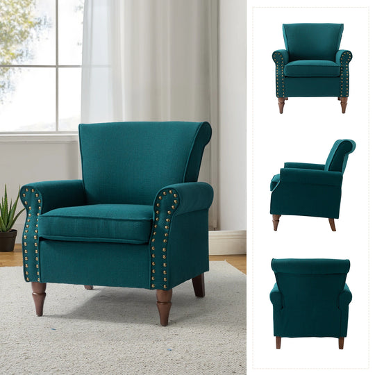 Nyctelius Upholstered Comfy Accent Chair with Turned Wooden Legs and Nailhead Trim Set of 2 by