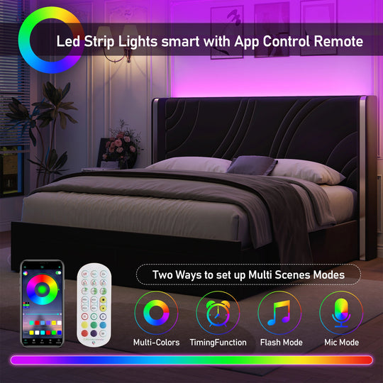 Velvet Upholstered Platform Bed with Smart Ambient Strip Lights Wingback Headboard and Endbed Pull-Out Storage Drawers