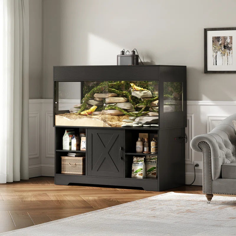 Reptile Tank with Stand, Terrarium Tank with Storage Cabinet, for Lizards, Skinks, Snakes, Sliding Acrylic Doors, Mesh Top, Built-In Power Outlet Px02Rtw
