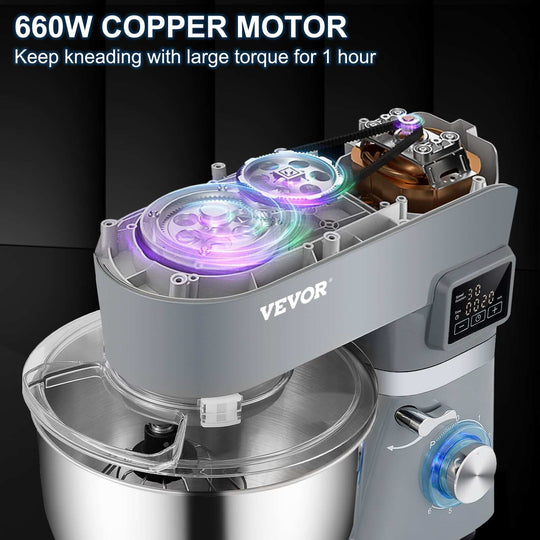 VEVOR Stand Mixer 660W 5.8Qt Electric Dough Mixer 6 Speeds LCD Screen Timing - 5.5 L